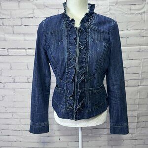 Christiana Zinn Womens Denim Jean Jacket Ruffled Zip Front With Pockets Size PM